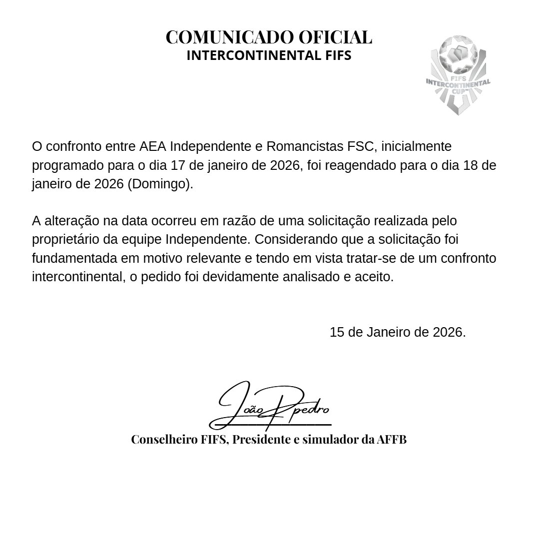 📌 𝐂𝐨𝐦𝐮𝐧𝐢𝐜𝐚𝐝𝐨: 𝐀𝐄𝐀𝐱𝐑𝐅𝐒𝐂

Nova data: 18/01/2026 (Mesmo horário).

#FIFS