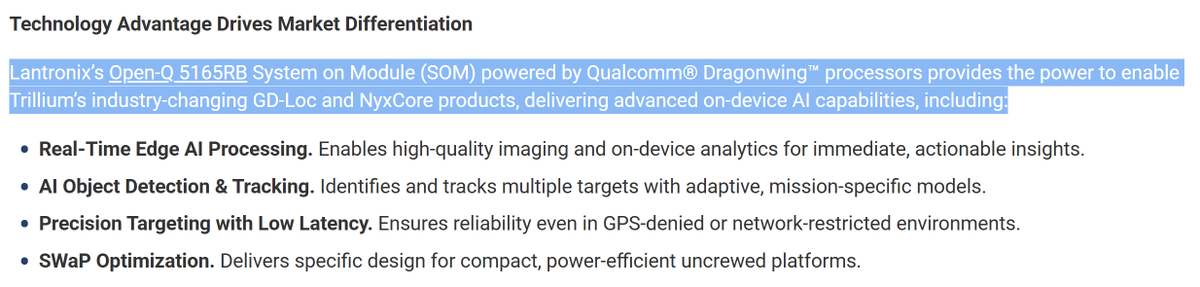 skowihx's tweet photo. $LTRX + Anduril 🤔

In December, LTRX announced a collaboration with Trillium to implement their SOM (compute module) inside Trillium gimbals (for ISR), which is the base payload for Anduril ghost drones.

Sources in comments https://t.co/1pbR6teYnF