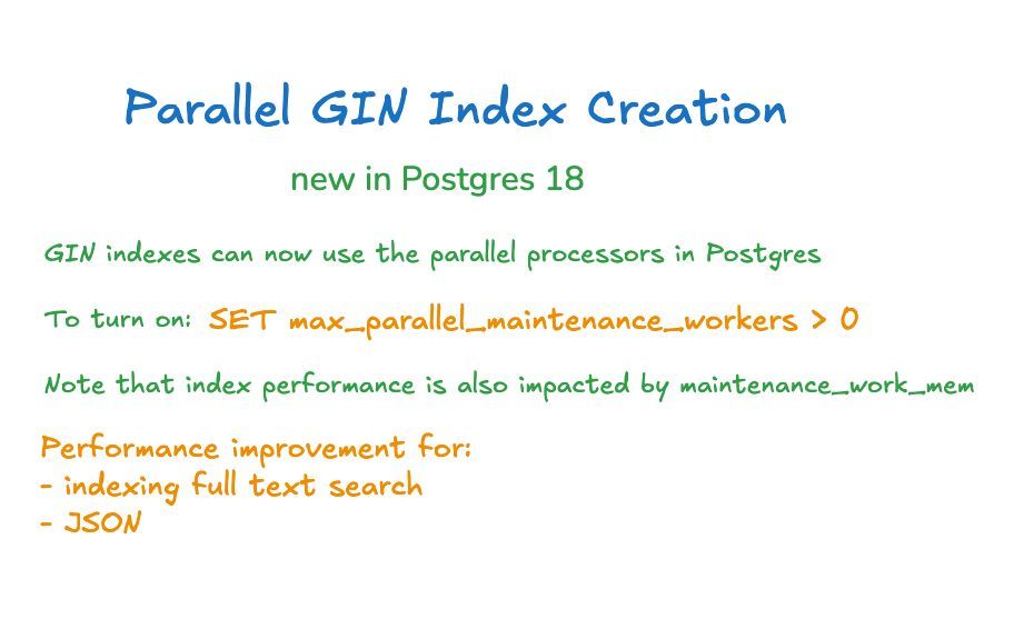 crunchydata's tweet image. Postgres 18 added parallel index creation for GIN indexes. This takes advantage of the settings for parallel maintenance workers.  This is great for dbs that frequently create new indexes for full text search and or json.