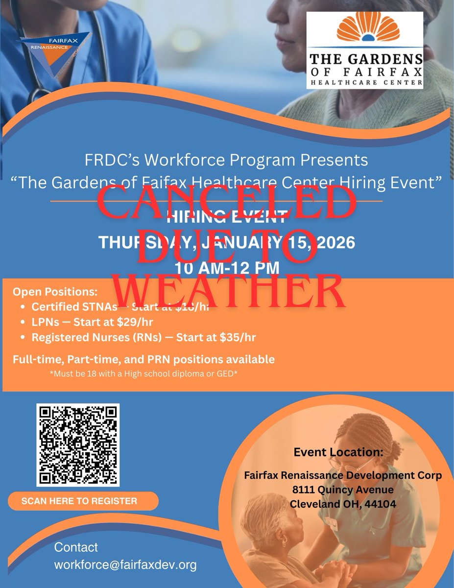 FRDCCleveland's tweet photo. Due to hazardous weather conditions, today’s hiring event is canceled and our offices are closed.
Safety comes first. Updates on future opportunities coming soon. Stay safe! https://t.co/7K5ZMvWLnV