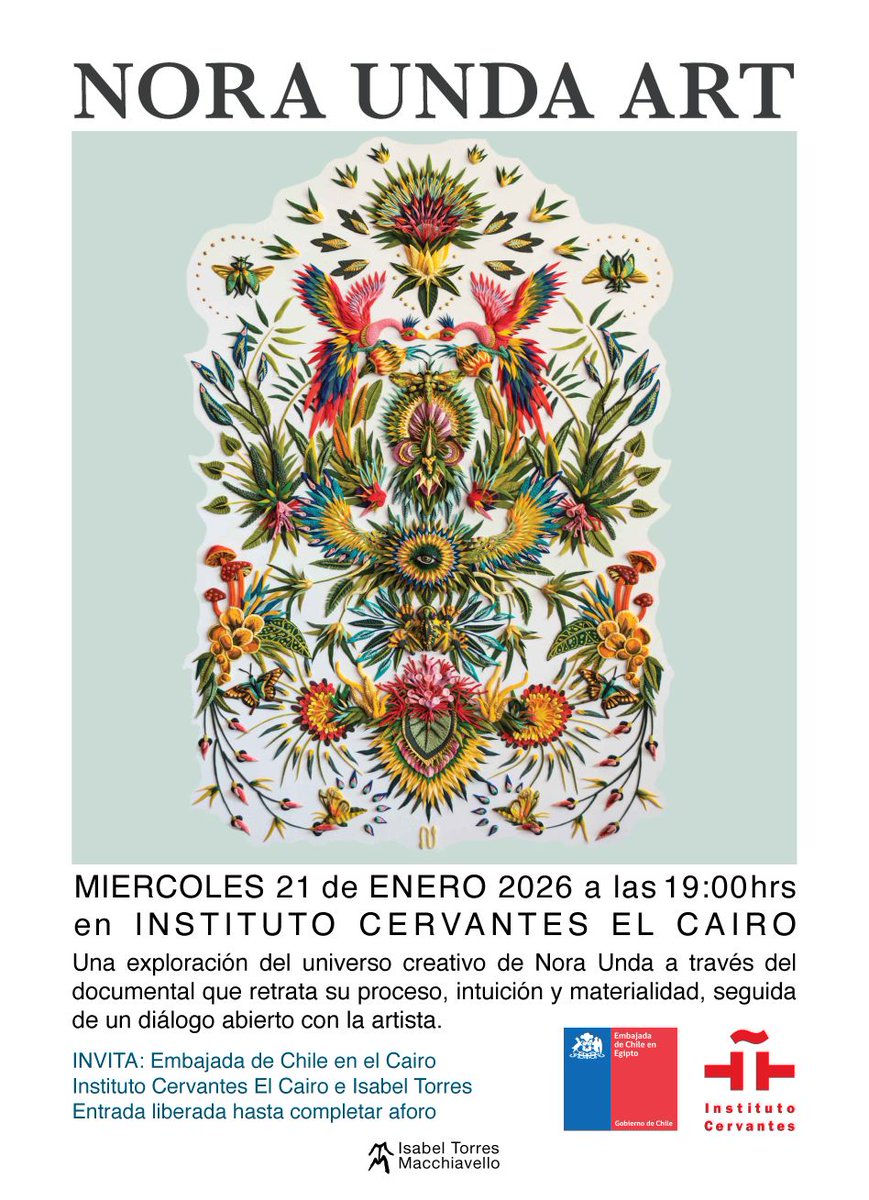 EmbaChileEgipto's tweet photo. Los invitamos a la proyección del documental y exposición con la artista Chilena Nora Unda, el proximo Miércoles 21 de Enero a las 19:00 hrs, en el Instituto Cervantes El Cairo

Entrada libre hasta completar aforo.

@diracchile https://t.co/FFpqKKZ55s