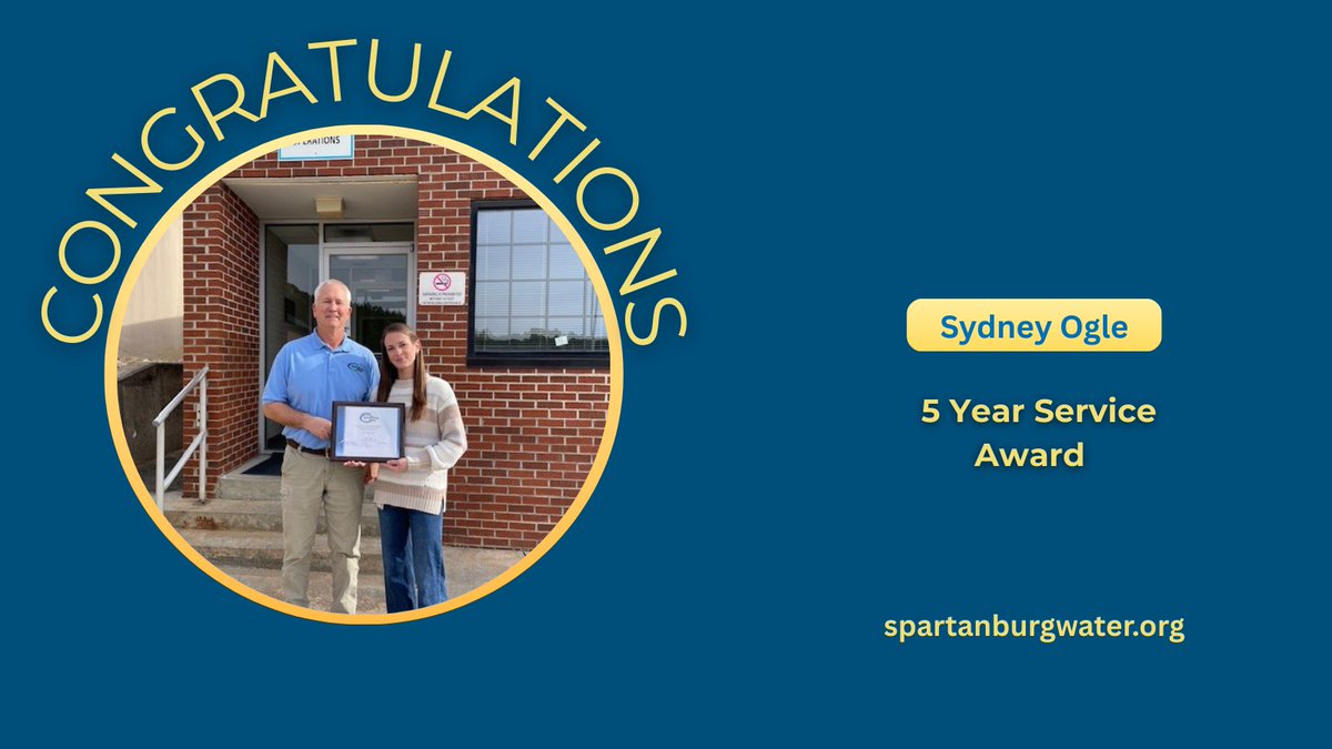 🎉 Congratulations to Sydney Ogle on 5 incredible years with Spartanburg Water! 💧 As our dedicated Wastewater Treatment Admin, Sydney's commitment to excellence flows through everything she does. She's shown receiving her award from Interim Wastewater Manager Sean Henderson.