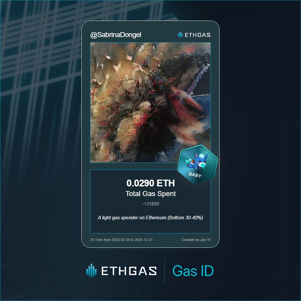 SabrinaDongel's tweet photo. Discovered my Gas ID via ETHGas - turning my gas spend into rewards 🫘

As a Baby Jack, I've spent 0.029 ETH on gas but earned 8 Beans back.

Get your Gas ID and Beans here: https://t.co/yRvlA1TEyU https://t.co/yg5XE8f39i