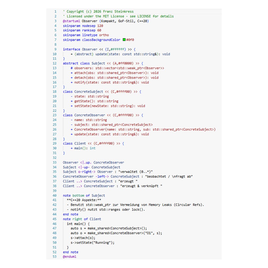 franzsteinkress's tweet photo. Which systems primarily use the Observer Pattern? 🤔
Key use case: Observer separates data from UI, as seen in MVC architectures.
👉 Overview, UML & C++20 code
🔗 https://t.co/dFn5TCTdaR
#DesignPatterns #CPP20 #UMLDiagrams #Coding https://t.co/UYFaNVryeA