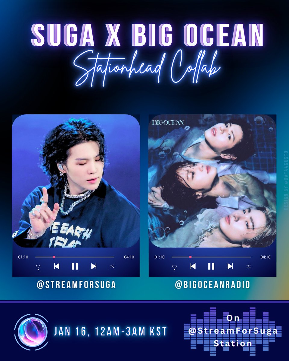 [#SFS_Announcement]
[ STREAM COLLAB PARTY ]

Don’t forget to join our streaming collaboration with <a href="/BigOceanDK/">Big Ocean DK 달콤 🍩</a> on our <a href="/STATIONHEAD/">STATIONHEAD</a> later—starting exactly at 12 AM KST.

See you in a bit! 😁
#SUGAxBigOcean_ListeningParty
#SUGA #슈가 #방탄소년단슈가 <a href="/BTS_twt/">방탄소년단</a>