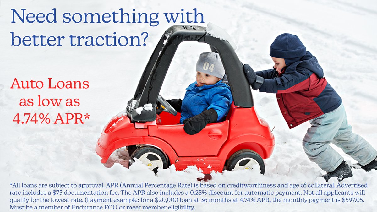 Endurance FCU is offering auto loan rates as low as 4.74% APR* for a limited time! Visit our website at endurancefcu.org/loan-informati… for more details or to apply online.