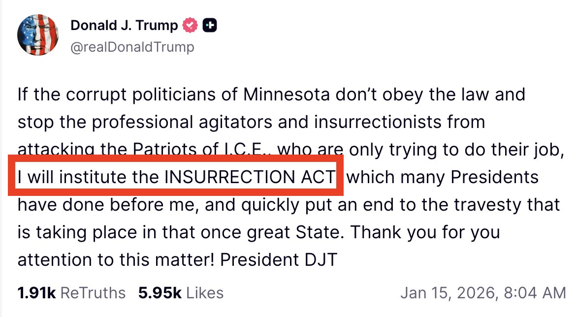krassenstein's tweet image. BREAKING:  Trump Threats Insurrection act in Minnesota.  

This is straight out of the authoritarian playbook.

- Blame a targeted group for crime and national decay.
Use state violence against them.
- Provoke resistance.
- Then weaponize that resistance to rationalize far more…