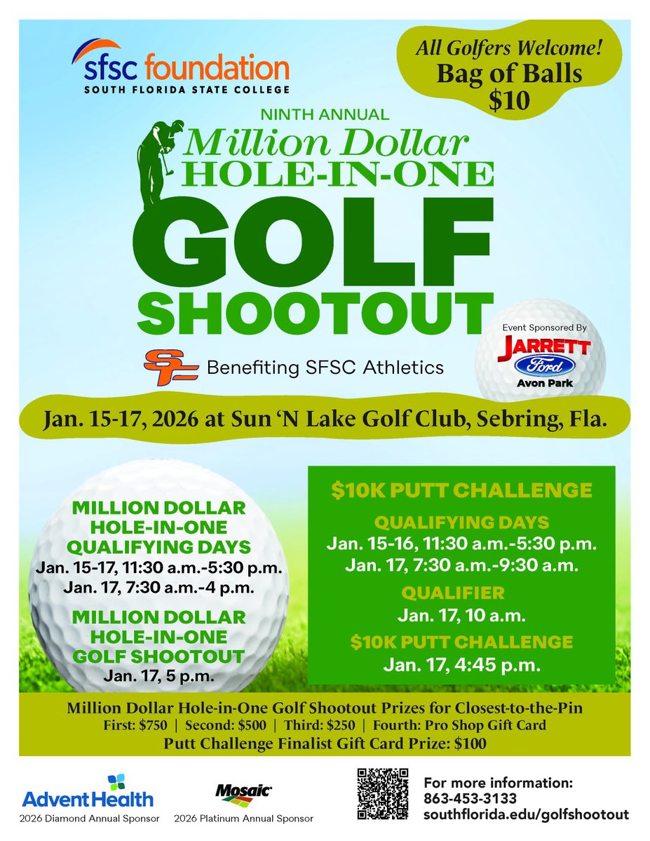 SFSCAlumni's tweet image. SFSC Alumni – connect back to your alma mater at the Ninth Annual Million Dollar Hole in One Golf Shootout, sponsored by Bill Jarrett Ford .

Come on out and try your club to putt for $10K or swing for $1 million! 

Event Details:  southflorida.edu/support-sfsc/f…