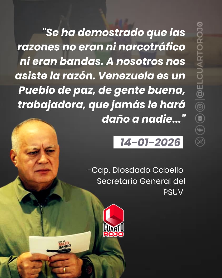 #EsAsí | Diosdado Cabello explica: “Se han demostrado la verdaderas razones. Nunca fue el narcotráfico o bandas criminales”

A nosotros nos asiste la razón... Juntos ¡VENCEREMOS! 🇻🇪🕊️

#KidnappedPresident
#PuebloLevantaLaCara
#15Enero