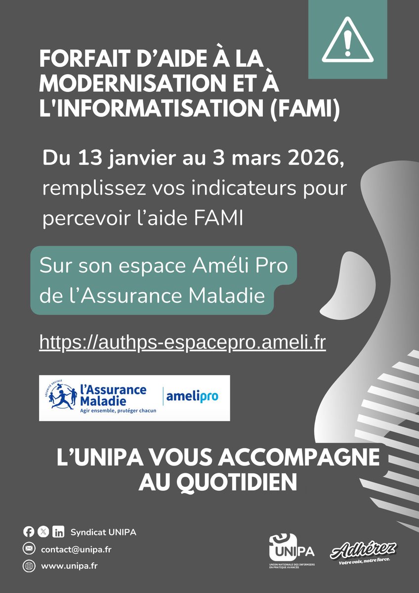 🔔 𝐈𝐏𝐀 𝐥𝐢𝐛𝐞́𝐫𝐚𝐮𝐱 – 𝐅𝐀𝐌𝐈 𝟐𝟎𝟐𝟔

La période de saisie des indicateurs FAMI est ouverte du 12 janvier au 2 mars 2026.

Les IPA exerçant en libéral doivent effectuer leur déclaration sur AmeliPro, démarche qui conditionne le versement du forfait.

🧩 Critères à