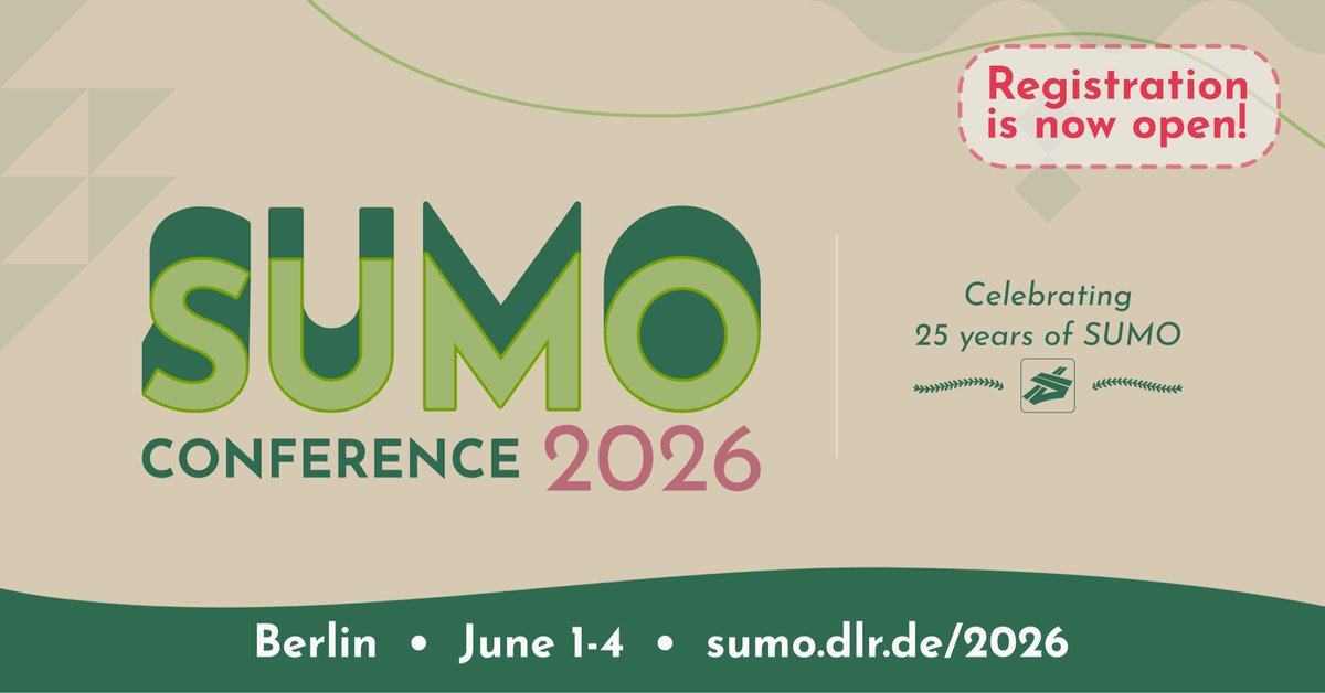 Registration is now open for the SUMO Conference 2026!

Join us on June 1-4 in Berlin - and let's celebrate 25 years of SUMO.

🔗 Learn more: sumo.dlr.de/2026
✍️ Register here: sumo2026.welcome-manager.de