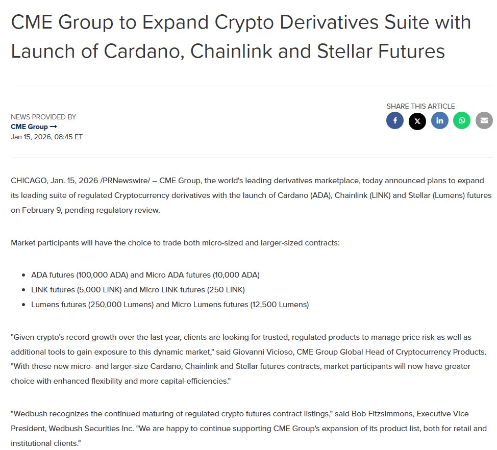 🚨 NEW | CME Group will expand its crypto derivatives offerings with $ADA,  $LINK, and $XLM futures Futures trading will commence on February 9
