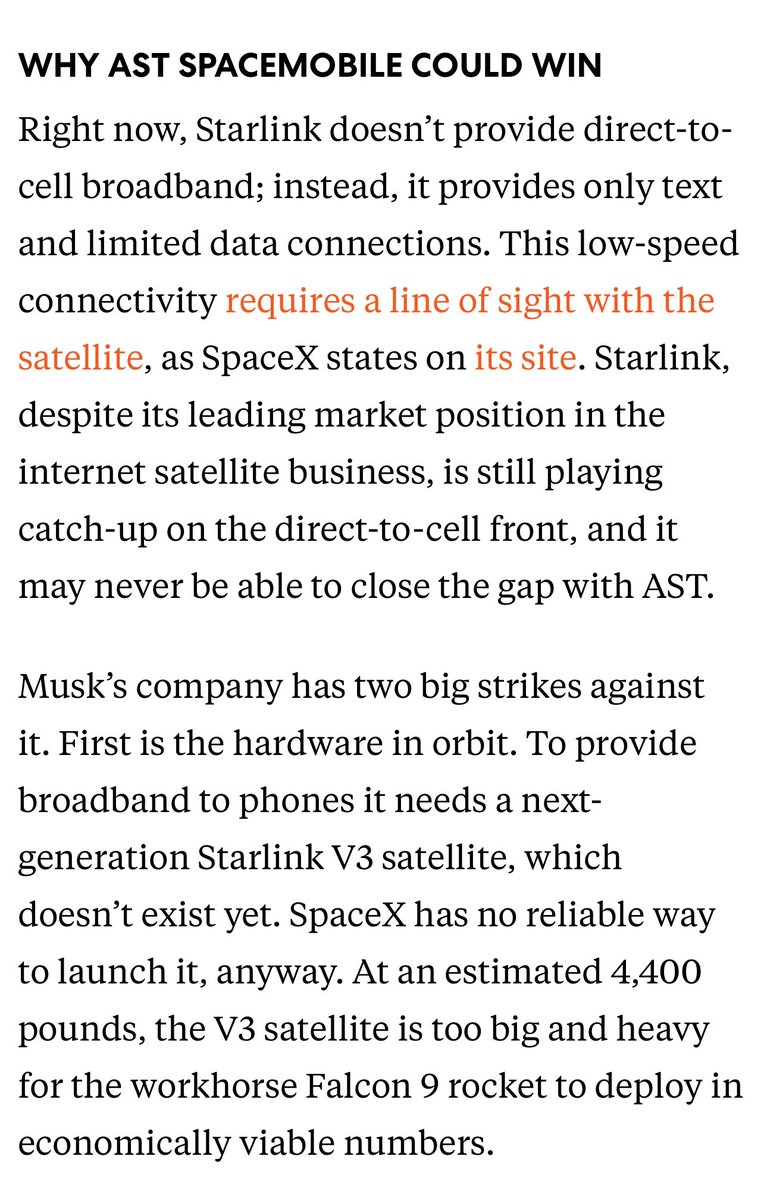 The_SPACTATOR's tweet image. $ASTS: Is Elon Musk losing the space cellphone war?

Excellent article by @FastCompany about  @AST_SpaceMobile’s superior technology advantages with direct quotes from AST President @scottwisniews