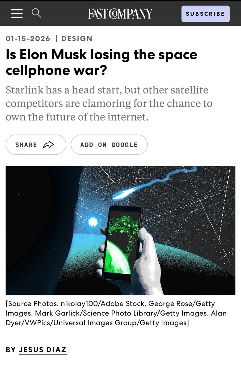The_SPACTATOR's tweet image. $ASTS: Is Elon Musk losing the space cellphone war?

Excellent article by @FastCompany about  @AST_SpaceMobile’s superior technology advantages with direct quotes from AST President @scottwisniews