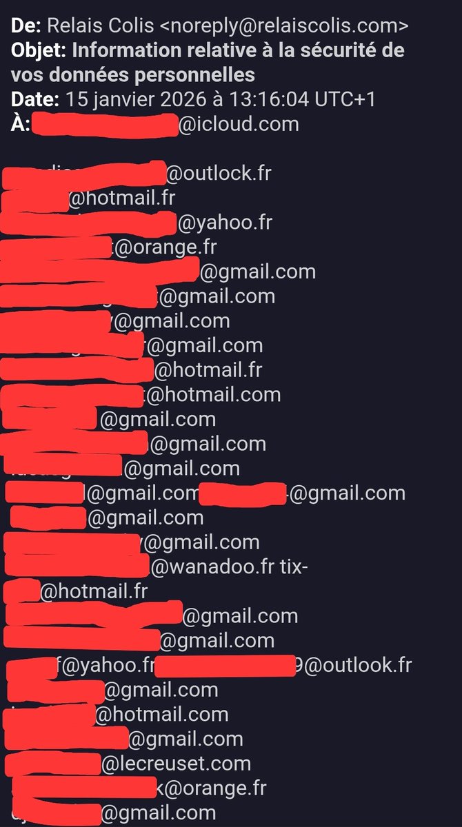 🚨🔴CYBERALERT 🇫🇷FRANCE🔴 |Relais Colis divulgue des centaines de mails en voulant prévenir ses clients d'un vol de données : gros fail... ⤵️

Des centaines de mails divulgués par Relais Colis dans un mail ayant comme objet : "Information relative à la sécurité de vos données