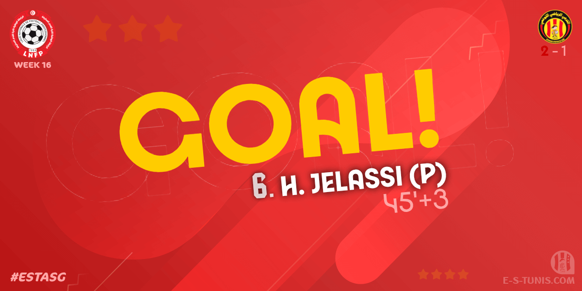 ESTuniscom's tweet photo. ⏱ 45'+5 | #Ligue1Tn🇹🇳 Week 16 #ESTASG | @ESTuniscom 2⃣-1⃣ #ASGabes : ⚽️ H. Jelassi (P) (EST) scores! / هدف / But https://t.co/EhjusDv6IE