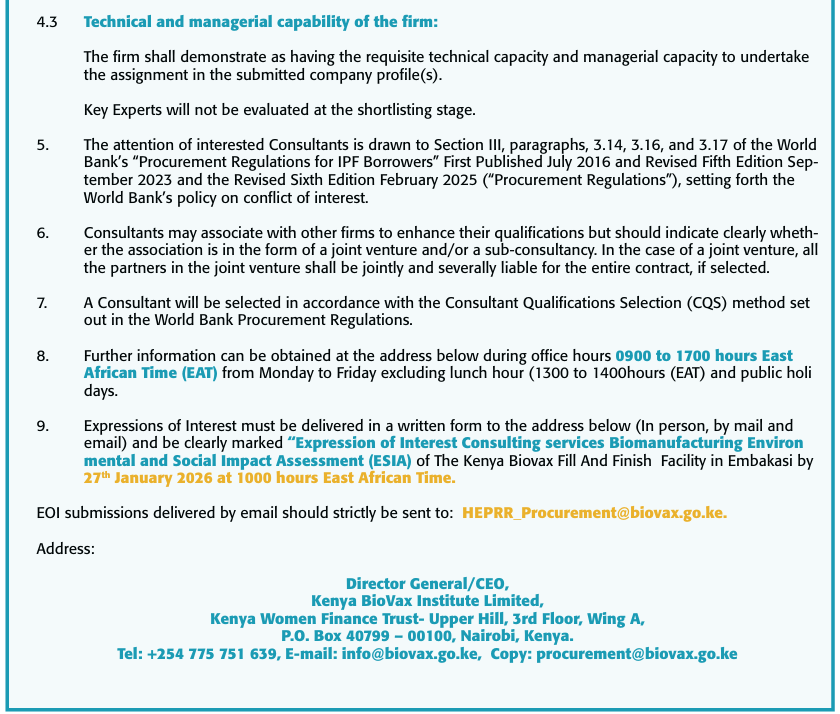 BioVaxInstitute's tweet image. 📢 CALL FOR EXPRESSIONS OF INTEREST (EOI)

CONSULTING SERVICES FOR BIOMANUFACTURING ENVIRONMENTAL AND SOCIAL IMPACT ASSESSMENT (ESIA) OF THE KENYA BIOVAX FILL AND FINISH FACILITY IN EMBAKASI, NAIROBI, KENYA

📧 Submission: HEPRR_Procurement@biovax.go.ke
Link:…