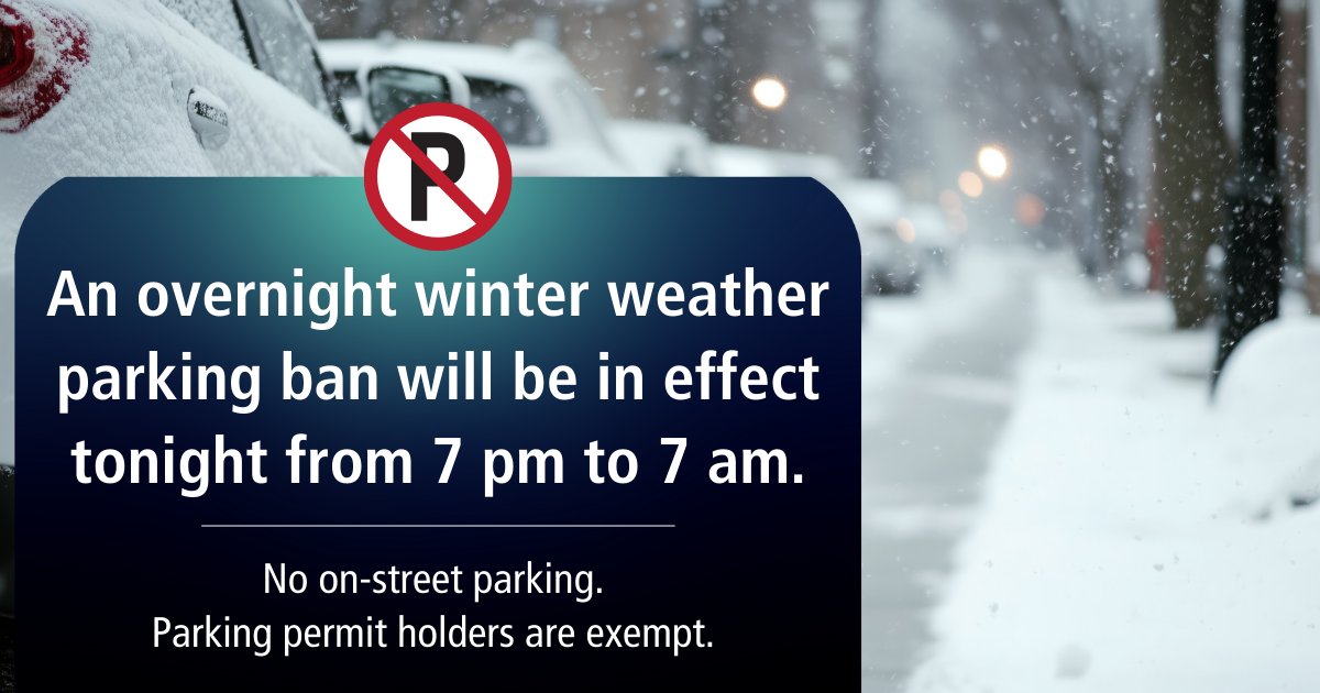 ottawacity's tweet photo. A winter weather parking ban will be in effect tonight, January 15, between 7 pm until 7 am tomorrow morning.

During a winter weather parking ban, parking is prohibited on city streets so #OttCity crews 
can plow easily and effectively. 

Info: https://t.co/4hPvbYRHS0 https://t.co/iacWFIWXPJ