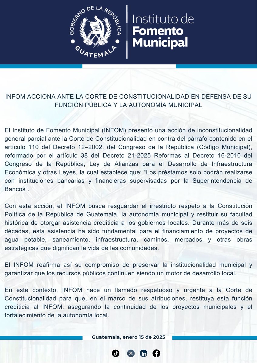 El Instituto de Fomento Municipal -INFOM- hace del conocimiento público y a la comunidad municipalista que: