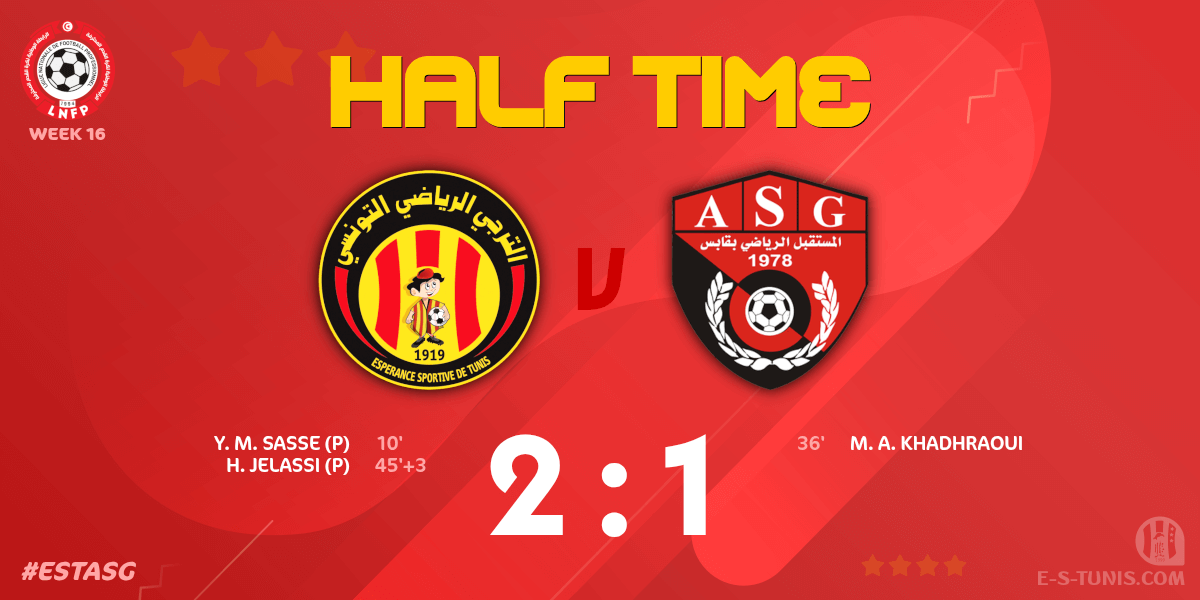 ESTuniscom's tweet photo. ⏱ HT | #Ligue1Tn🇹🇳 Week 16 #ESTASG | @ESTuniscom 2⃣-1⃣ #ASGabes : End of the first half / نهاية الشوط الاول / Fin de la première période https://t.co/MRofz75hMb