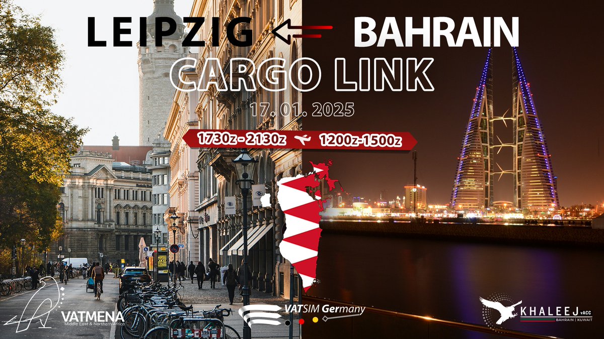 Join us on January 17, 2026, for the Leipzig–Bahrain Cargo Link with VATGER, VATMENA, and the KHALEEJ vACC! Expect long-haul cargo operations, full international ATC coverage, and a truly global event experience. #VATSIM #VATGER #flightsim