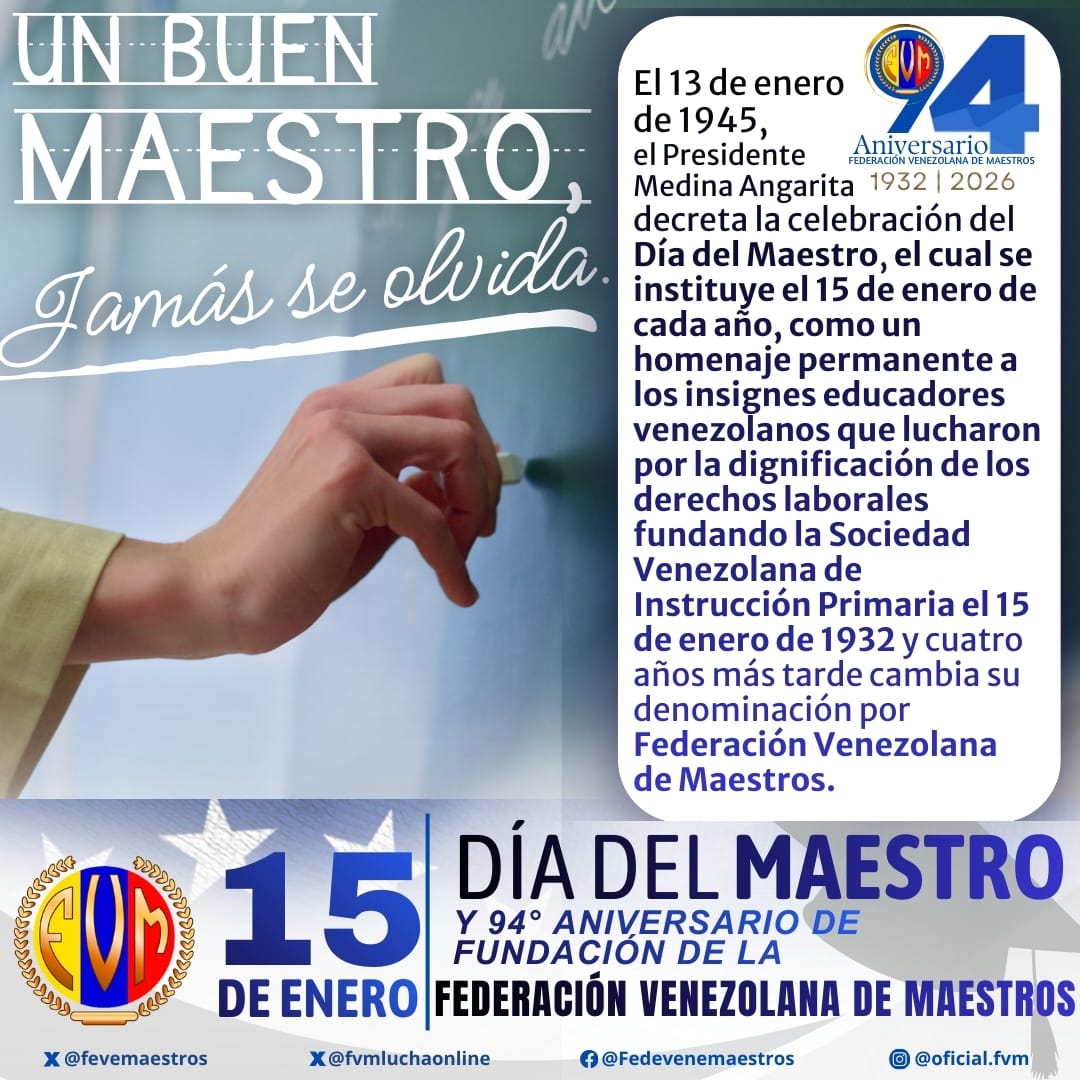 El 15 de enero se instituyó como Dia del Maestro por decreto del presidente Medina Angarita  (13/01/1945), en homenaje a los educadores que luchaban por la dignificación del docente y crearon la Sociedad Venezolana de Maestros de Instrucción Primaria, el 15 de enero de 1932