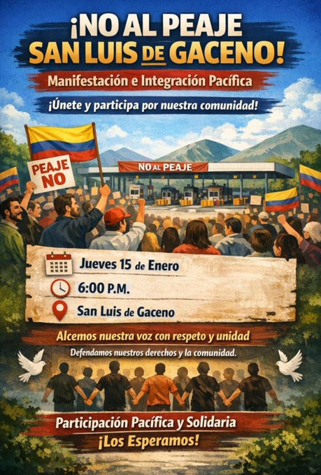CaracolRadioTun's tweet image. Comunidades de #SanLuisdeGaceno, #SantaMaría en Boyacá y #Sabanalarga en Casanare, adelantarán esta tarde un plantón en protesta al cobro del peaje. La tarifa diferencial de $2.000 se comenzará a cobrar este viernes 16 de enero.