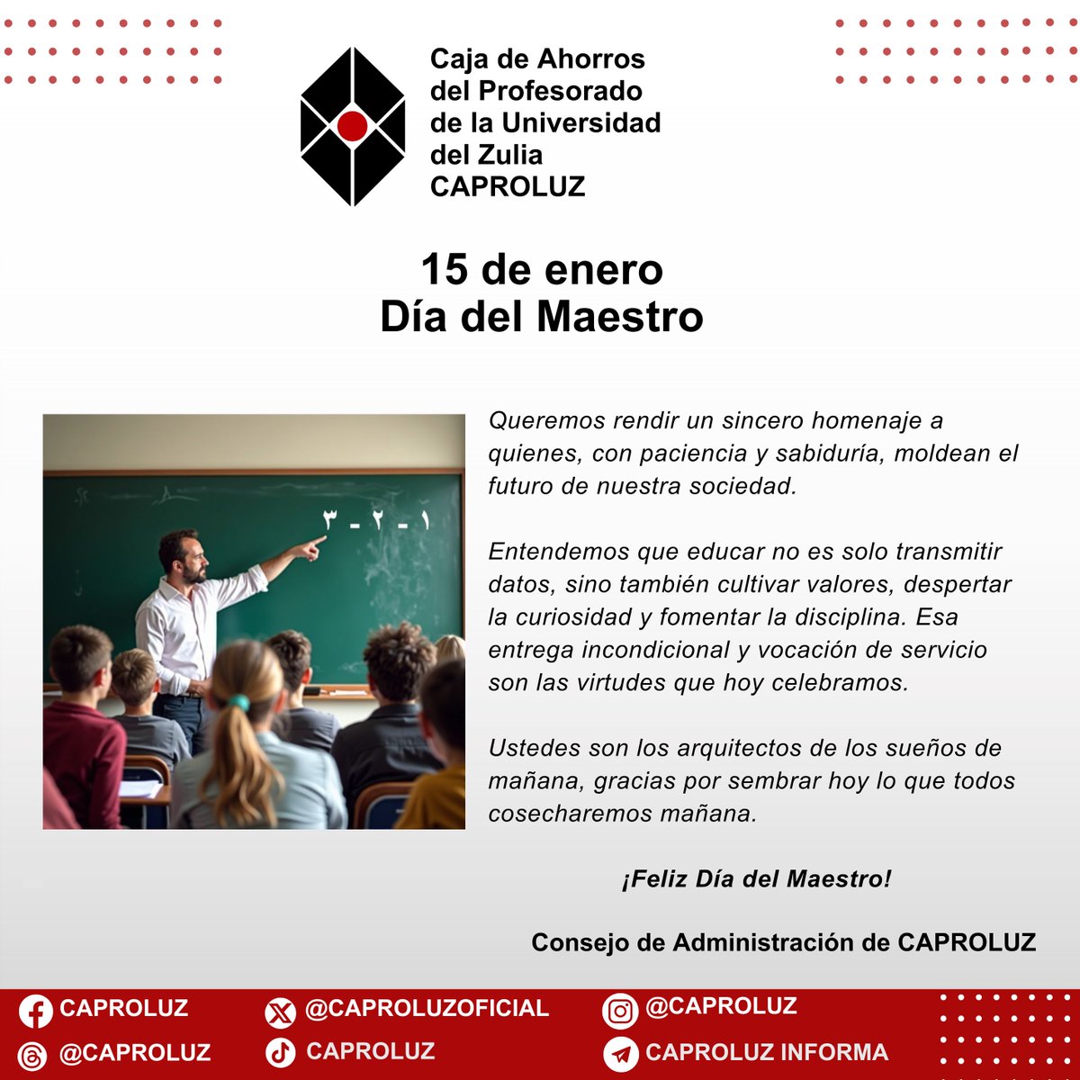CAPROLUZOFICIAL's tweet photo. ¡Feliz Día del Maestro!

#caproluz #65aniversario #diadelmaestro #maracaibo #zulia #venezuela https://t.co/TUa5uOHdWv