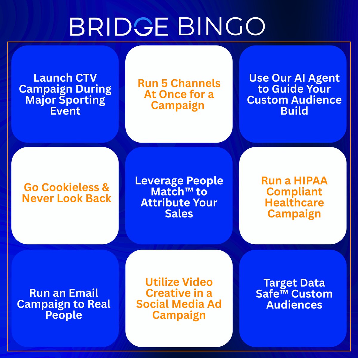ConnectByBridge's tweet image. Are you setting goals for the new year? We have some you shouldn't skip out on. From running CTV campaigns during sports to ensuring you're avoiding cookies, our 2026 bingo card will power you through the year. Drop a comment for what's on your 2026 marketing wish list🎯