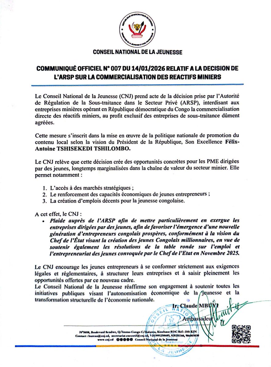 Le CNJ salue la décision de l’ARSP interdisant la commercialisation directe des actifs miniers par les entreprises minières opérant en RDC, au profit des sous-traitants agréés. Les jeunes entrepreneurs son appelés à structurer leurs entreprises pour intégrer le secteur minier.