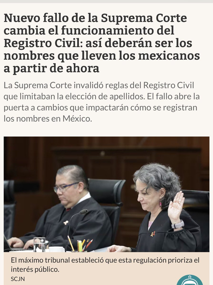 Nuevo criterio de la <a href="/SCJN/">Suprema Corte</a>: el Estado ya no puede “acomodar” a las familias al formato del Registro Civil. Si mamá y papá quieren apellidos compuestos o más de dos, no es capricho: es vida privada, identidad y libertad familiar.

La seguridad jurídica no se construye prohibiendo.