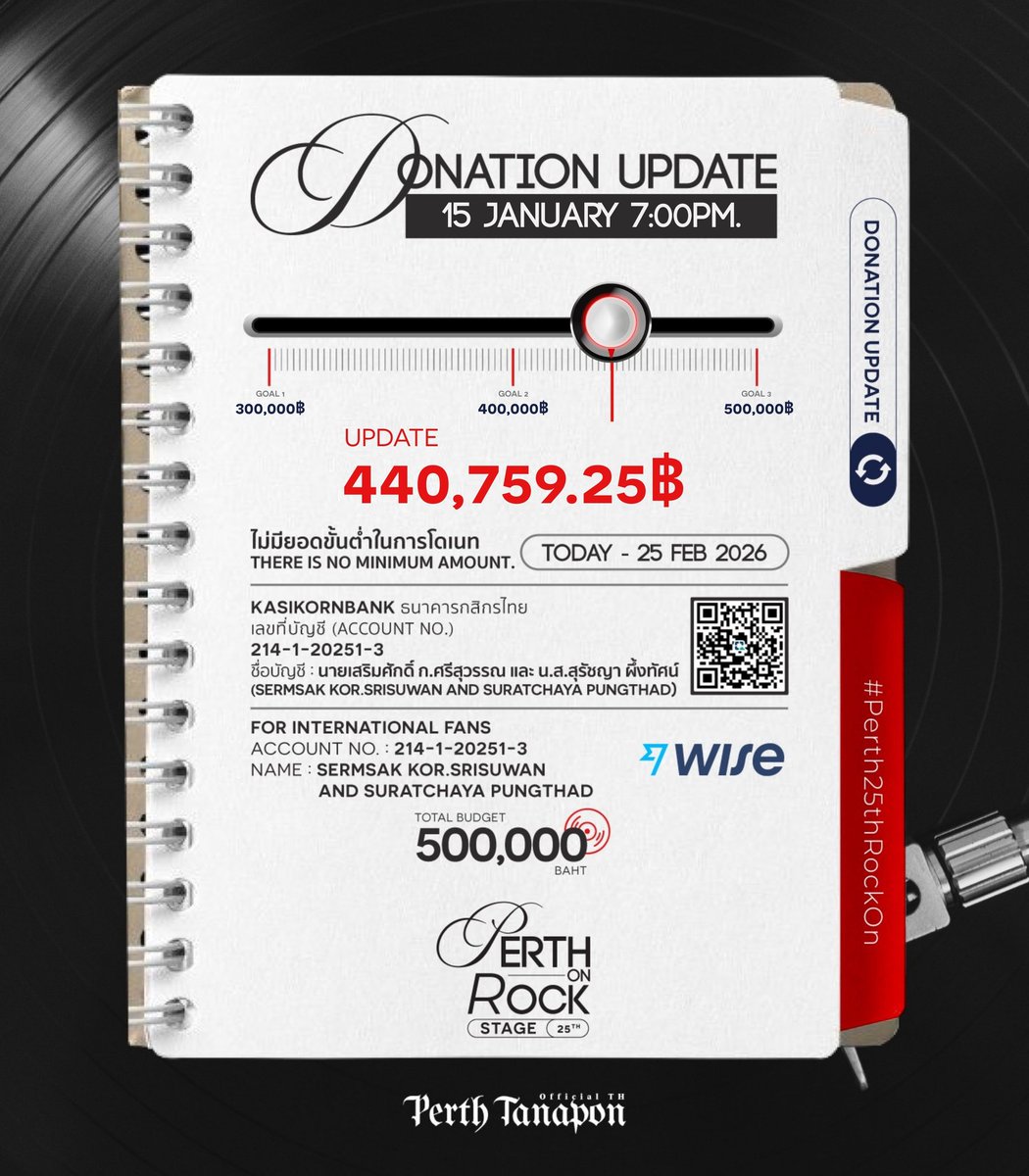 PerthOfficialTH's tweet image. ✨𝑼𝑷𝑫𝑨𝑻𝑬✨ [15/01/2026]

-🖤- DONATION -🖤-

𝐏𝐞𝐫𝐭𝐡’𝐬 𝟐𝟓𝐭𝐡 𝐑𝐨𝐜𝐤 𝐨𝐧 𝐒𝐭𝐚𝐠𝐞 🎸

#Perth25thRockOn
#PerthTanapon #KDPPE