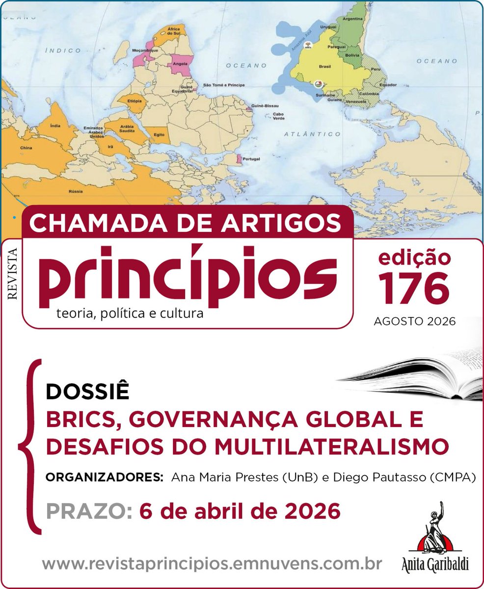 Revista Princípios: chamada de artigos para o dossiê "Brics, governança global e desafios do multilateralismo", a ser publicado na edição nº 176, prevista para agosto de 2026. Acesse o edital completo:
revistaprincipios.emnuvens.com.br/principios/ann…