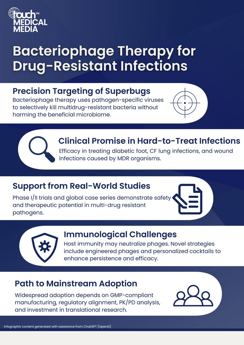 touchINFECTDIS's tweet photo. 🧬 Can Viruses Help Us Defeat Superbugs?

Bacteriophage therapy is gaining renewed attention as antibiotic resistance continues to rise worldwide. Unlike broad-spectrum antibiotics, phages precisely target harmful bacteria while leaving the beneficial microbiome intact.

In our Q&A, Dr Ikechukwu Moses (Division of Infectious Diseases, EPM-UNIFESP, São Paulo, Brazil) shares key insights on:
🔹 Why phage therapy is re-emerging as a promising alternative
🔹 The infections and patient groups most likely to benefit
🔹 Ongoing global studies driving clinical adoption

🔗 Discover more: https://t.co/Ozb1Dzg3PI

#PhageTherapy #AntibioticResistance #InfectiousDiseases