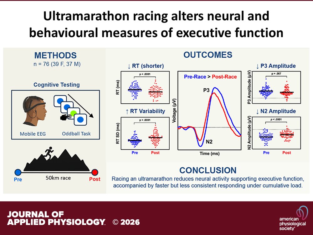 japplphysiol's tweet image. ⛰️🏃‍♀️ Research Article by K Boere et al. (@uvic @Nike @UBC @WesternU) #Ultramarathon racing elicits changes in #behavioral and #electroencephalographic indices of #executivefunction
ow.ly/6JTs50XTYom