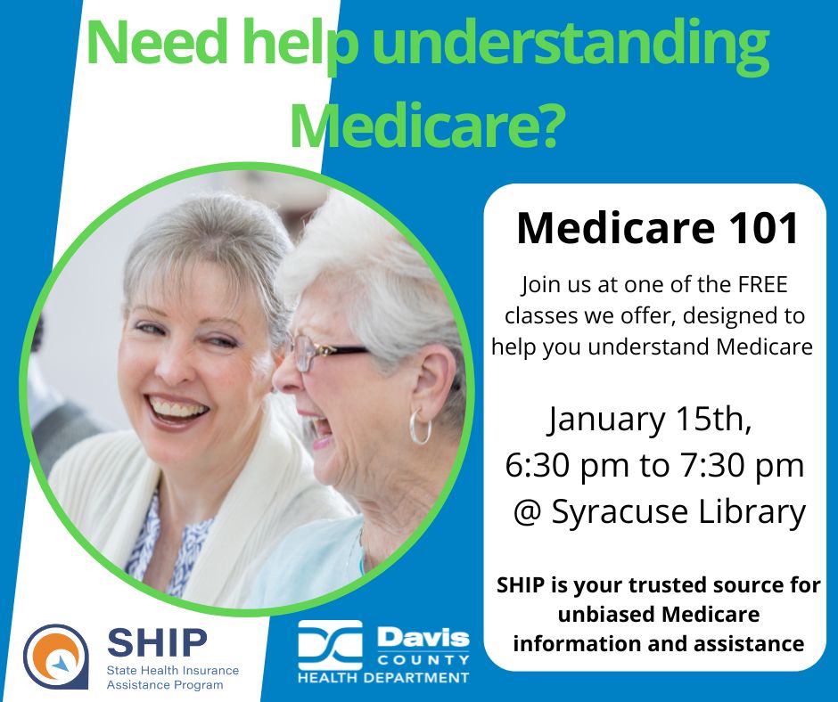 DavisCountyLib's tweet image. Get the advice and assistance needed to navigate the Medicare system with experts from the Health Department tonight at 6:30 pm at the Syracuse Branch.
