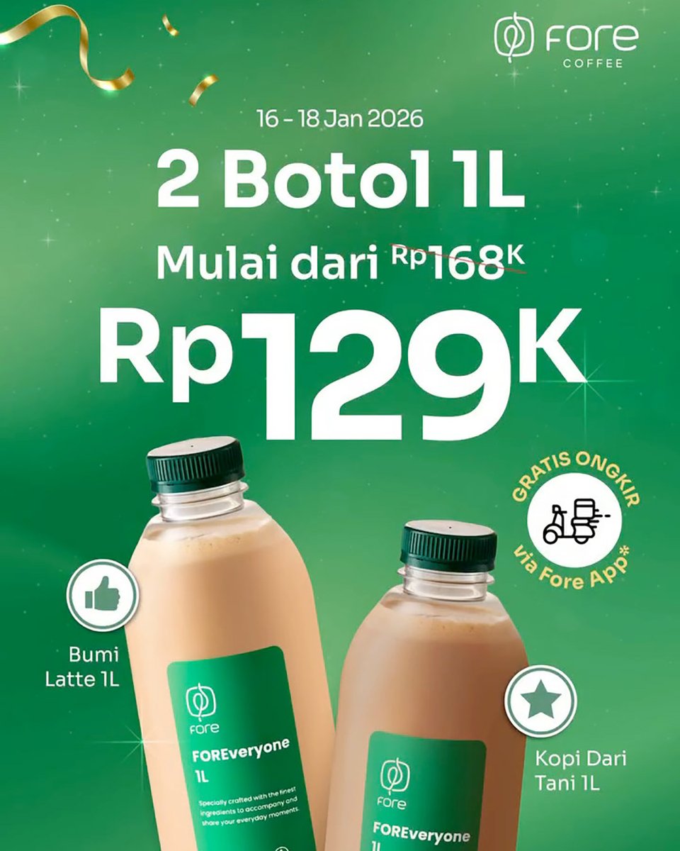 katalogpromosi's tweet image. Stok kopi buat libur panjang aman 🎉

FORE COFFEE lagi ada promo FOREveryone 1L, beli 2 mulai Rp 129K untuk semua varian

🗓️ 16–18 Januari 2026
Jangan kelewat, klik infonya di sini 👉 katalogpromosi.com/promo-fore-cof…
#ForeCoffee #FOREveryone1L #PromoWeekend
