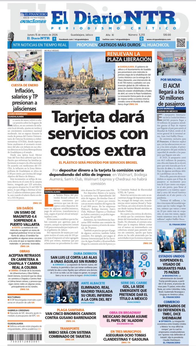 Buenos días. En nuestra portada de hoy, la #tarjetaúnica cobrará al usuario servicios, incluidos depósitos <a href="/laurorodriguez_/">Lauro Rodríguez</a> <a href="/NTRGuadalajara/">El Diario NTR Guadalajara</a>