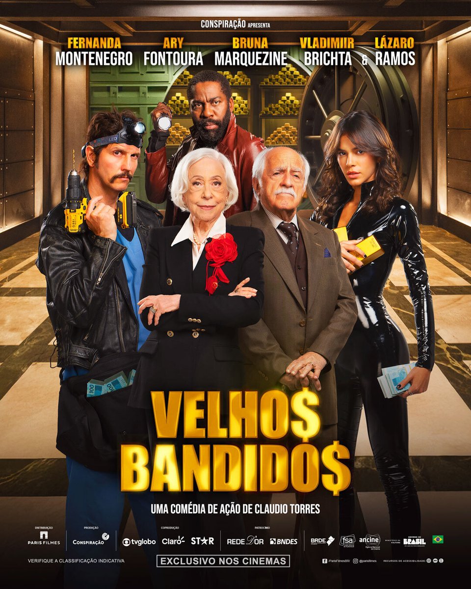 CINEMA505's tweet image. Pôster oficial de 'Velhos Bandidos', comédia de Cláudio Torres com Fernanda Montenegro, Ary Fontoura, Bruna Marquezine, Vladimir Brichta e Lázaro Ramos. 

Na trama, um casal de aposentados planeja um assalto à banco. 

26 de março nos cinemas.