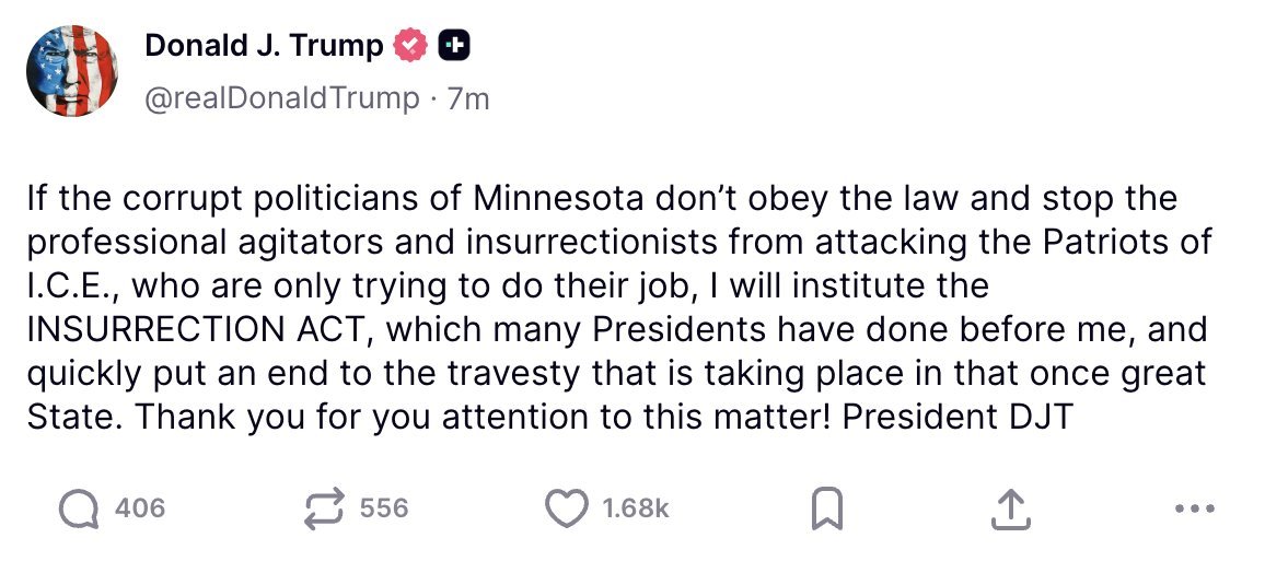 DarrigoMelanie's tweet image. The Insurrection Act was always the plan, and Minneapolis is the test case.

They sent ICE in to terrorize and attack Black and brown communities to provoke a response that would justify deploying the military domestically in Blue cities.

This has never been about immigration.