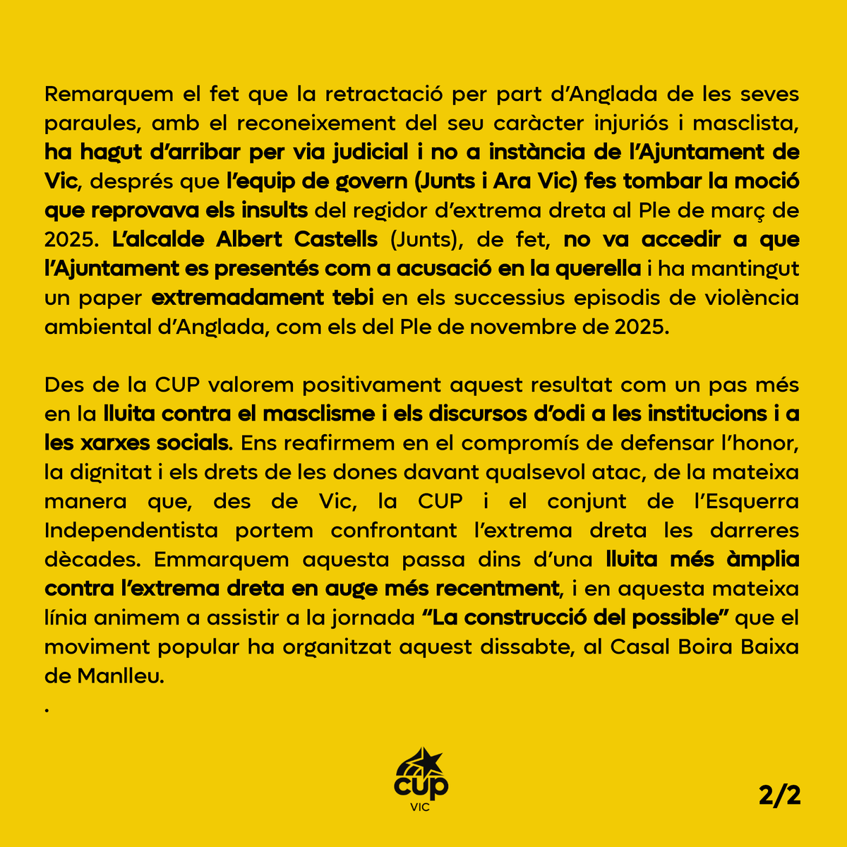 🔴Josep Anglada, obligat a retractar-se públicament dels insults masclistes a <a href="/carladinares/">Carla Dinarès i Ayats</a>, regidora de la <a href="/cupvic/">CUP Vic</a>.

📄 Podeu llegir el comunicat aquí: vic.cup.cat/noticia/josep-… #Vic #Osona