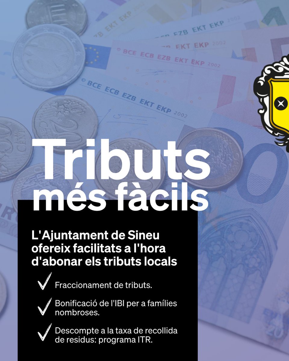 Gestió tributària fàcil! Dades d'interés:

✅ Fraccionament, fins al 31 de gener.
✅ Programa ITR, fins al 28 de febrer.
✅ Bonificació de l'IBI per família nombrosa, fins al 30 de març.

Tota la informació, al web municipal: ajsineu.net