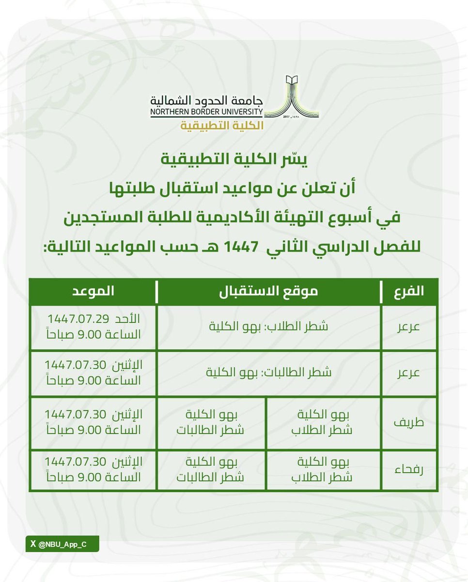 NBU_App_C's tweet image. 📣إعلان
يسّر الكلية التطبيقية أن تعلن عن مواعيد استقبال طلبتها في أسبوع التهيئة الأكاديمية للطلبة المستجدين للفصل الدراسي الثاني 1447 هـ 
حسب المواعيد التالية:
#جامعة_الحدود_الشمالية