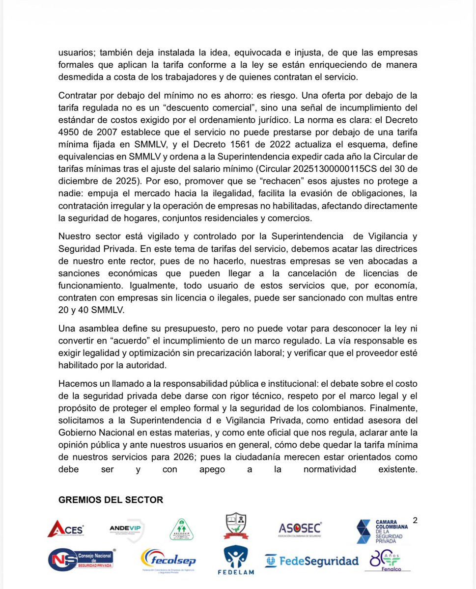 #ACTUALIDAD | Los principales gremios del sector de la vigilancia y seguridad privada en Colombia salieron a aclarar que la tarifa mínima del servicio no se rige por la inflación, ni por la libre oferta y demanda, sino que es una tarifa regulada, obligatoria y expresada en