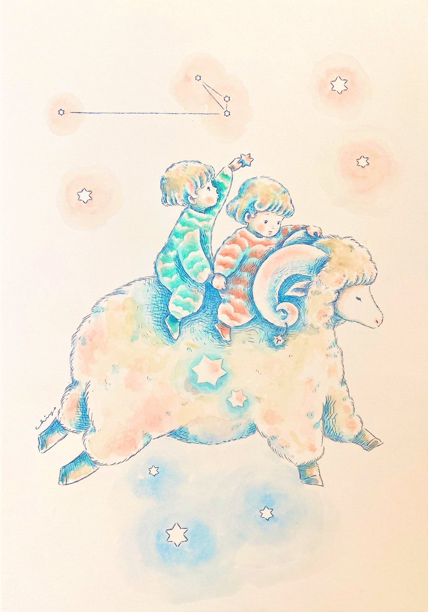 牡羊座の神話では、
羊に乗って逃げる兄妹が
離れ離れになってしまいますが、
私の絵の中では
手をしっかり握って、
ずっと一緒にいます。

二人で楽しく
空を駆け巡るよ🐏💫

pienitrunkukka.shop/items/6928bae4…

#イラスト #絵本 #illustration