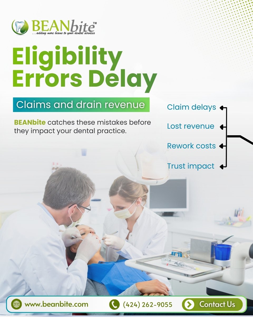 BEANbite's tweet image. Eligibility errors can delay claims &amp;amp; drain revenue!😟💸BEANbite catches mistakes before they impact your dental practice.✅Avoid delays✅Protect revenue ✅ Reduce rework✅ Maintain trust.📲(424) 262-905🌐beanbite.com
 #DentalBilling #BEANbite