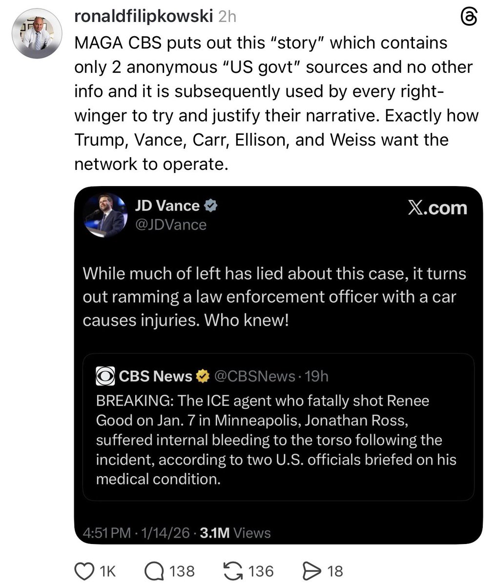 TheTNHoller's tweet image. Again: They grabbed @cbsnews(max) so @jdvance could post stuff like this and it would hit different than if he were amplifying OANN’s propaganda 

Translation: CBS = OANN now 

And everyone who still works there should understand that