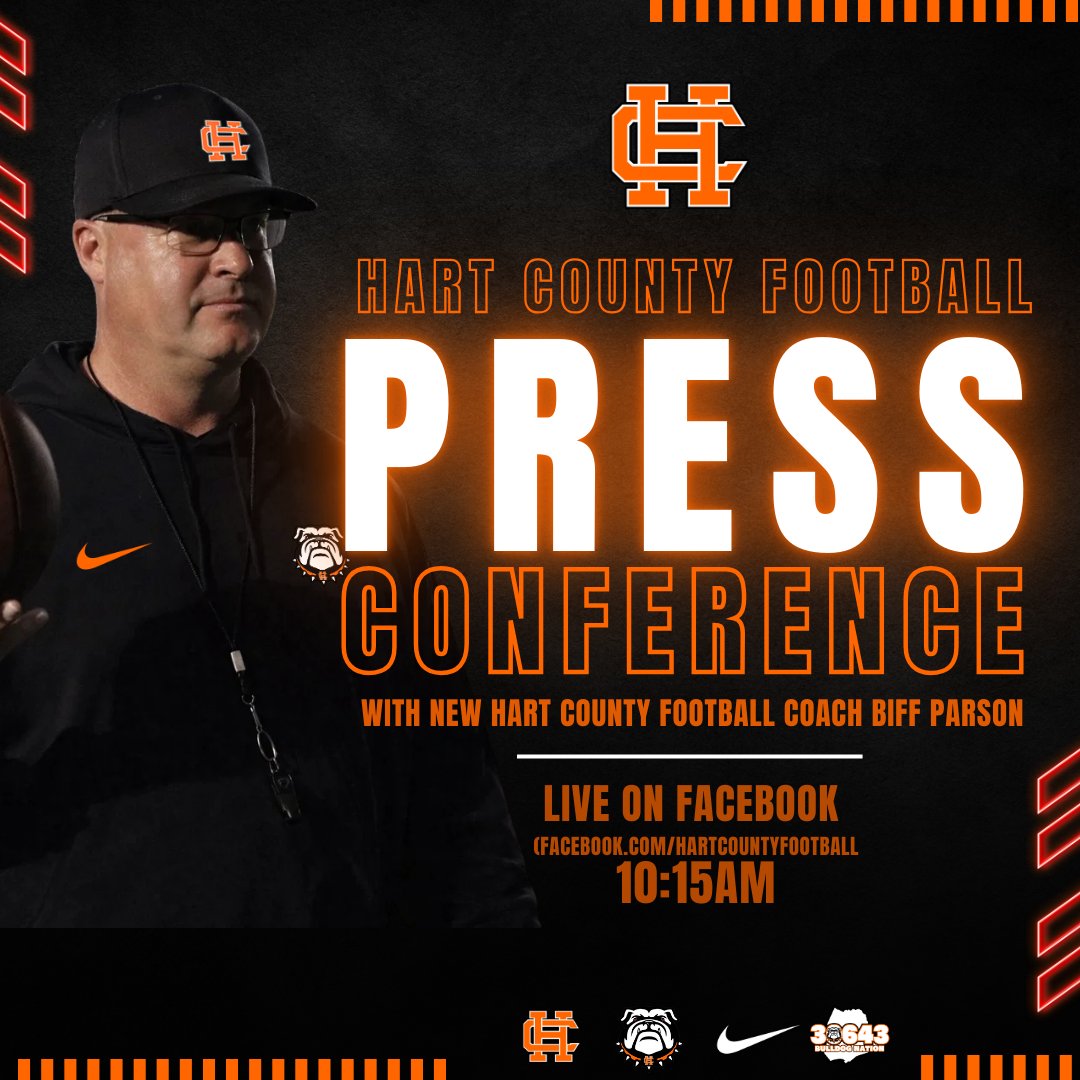 hartcountyfb's tweet photo. Join us THIS MORNING at 10:15AM for the official press conference introducing new Head Coach Biff Parson! 🏈

📍 Live on Facebook: https://t.co/WboLbTPF4K

#HartCountyFootball #NewEra #GoDawgs https://t.co/nLqHEH81J6