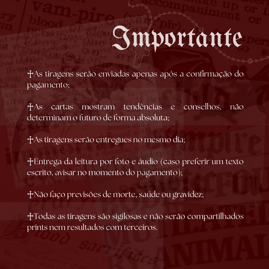 dracultarot's tweet image. .˚𓏲♱ Sejam bem-vindes! ❦ೄྀ

Trabalhando com bruxaria e espiritualidade há mais de 10 anos, pratico a arte da cartomancia com muito amor e intuição, utilizando tarô, baralho cigano, baralho de pomba gira e sibilla italiana.

Segue a thread com valores e informações 𖤐