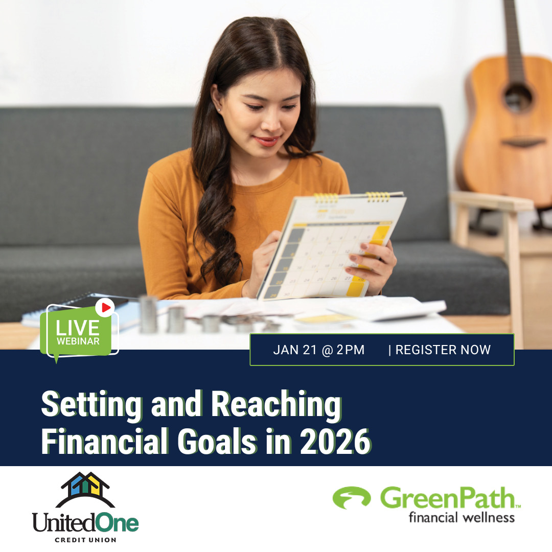 UnitedOneCU's tweet image. Join our partners at GreenPath for a free webinar to learn how to set realistic and achievable financial goals, how to be prepared for what may attempt to derail your progress, and strategies to help 2026 finally be your year!

Register &amp;gt;&amp;gt;&amp;gt; greenpath.com/wellness-event…